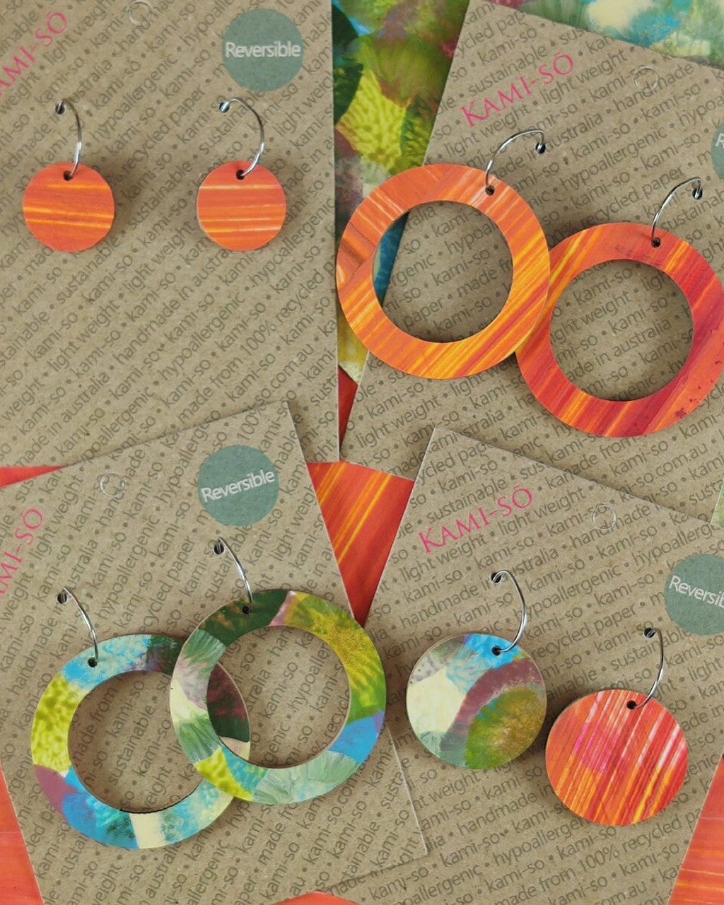 Kami-So DC1230006A Orange Swipe/Blue Green Plum & Gold Reversible Circle Hoop Recycled Paper Earrings Moe Moe Van Gogh Almond Blossoms Pippi Hoop Earrings