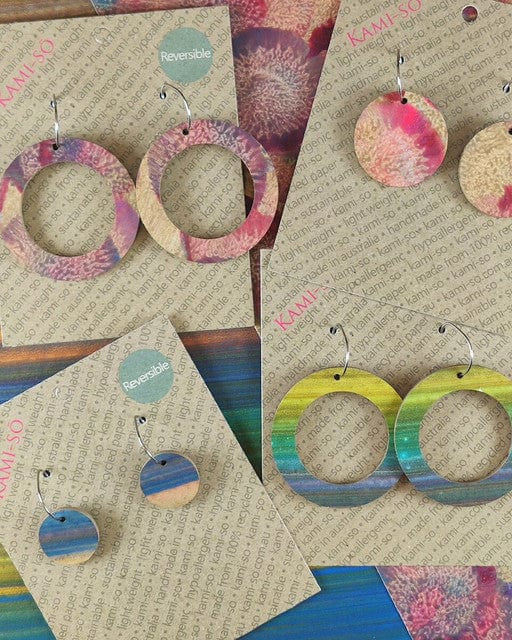 Kami-So DC1230004A Plum Grey & Blue/Multicolour Stripes Reversible Circle Hoop Recycled Paper Earrings Moe Moe Van Gogh Almond Blossoms Pippi Hoop Earrings