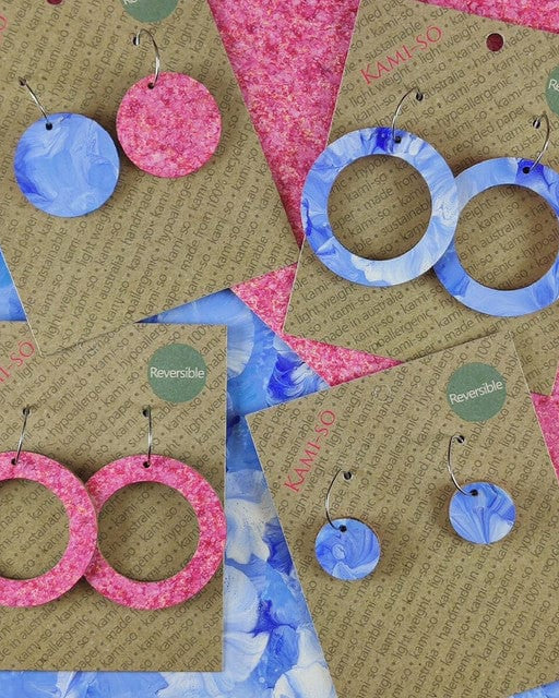 Kami-So Rose Speckle/Blue White Reversible Circle Hoop Recycled Paper Earrings Moe Moe Van Gogh Almond Blossoms Pippi Hoop Earrings