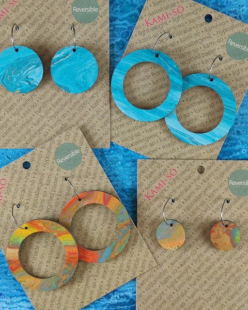Kami-So DC1230009A Turquoise/Gold Multicolour Reversible Circle Hoop Recycled Paper Earrings Moe Moe Van Gogh Almond Blossoms Pippi Hoop Earrings
