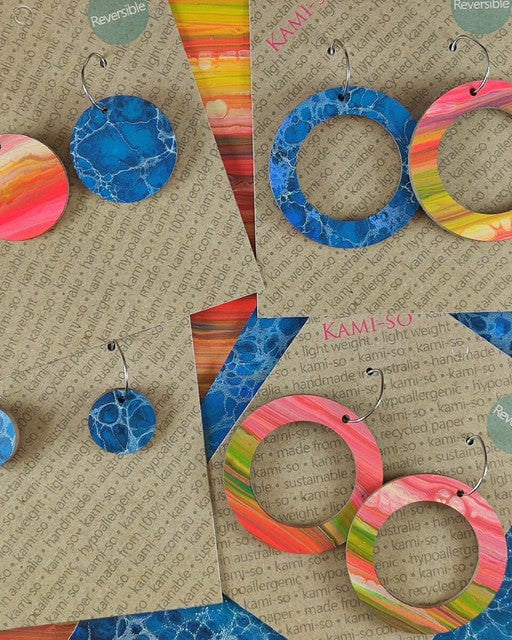 Kami-So Reversible Circle Recycled Paper Earrings Moe Moe Van Gogh Almond Blossoms Pippi Hoop Earrings Splash Swimwear