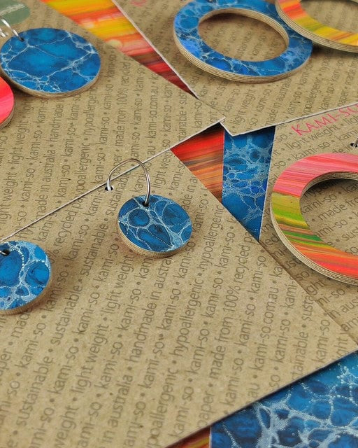 Kami-So Reversible Circle Recycled Paper Earrings Moe Moe Van Gogh Almond Blossoms Pippi Hoop Earrings Splash Swimwear