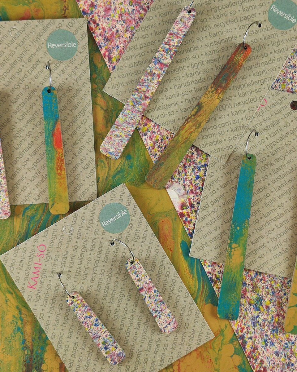 Kami-So Reversible Paddle Recycled Paper Earrings 98558341235033 Kami-So Reversible Paddle Recycled Paper Earrings Splash Swimwear Gold Jade & Red/Cream Speckle 1000018319