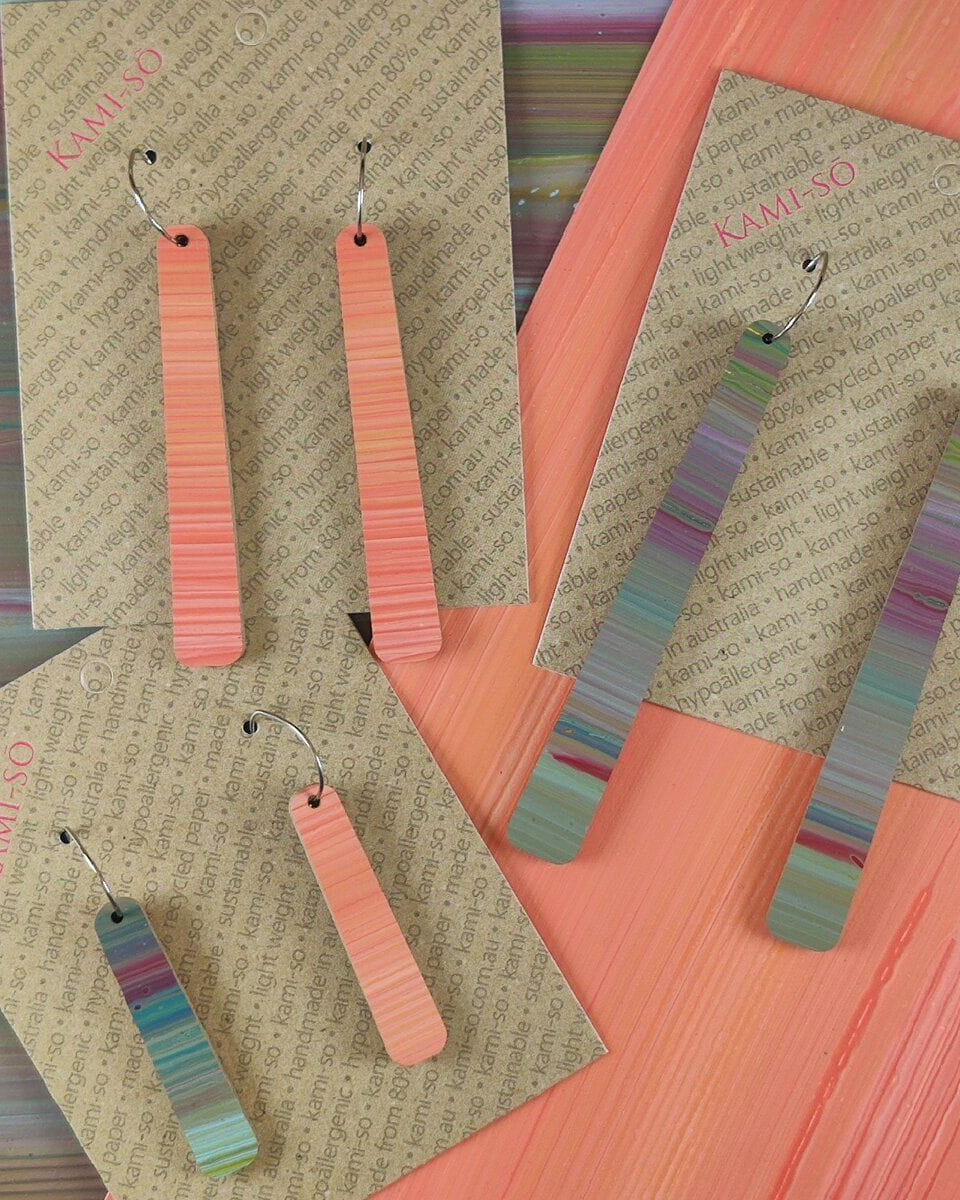 Kami-So Reversible Paddle Recycled Paper Earrings 98558341333337 Kami-So Reversible Paddle Recycled Paper Earrings Splash Swimwear Muted Multicolour Stripes/Peach Stripes 1000018322