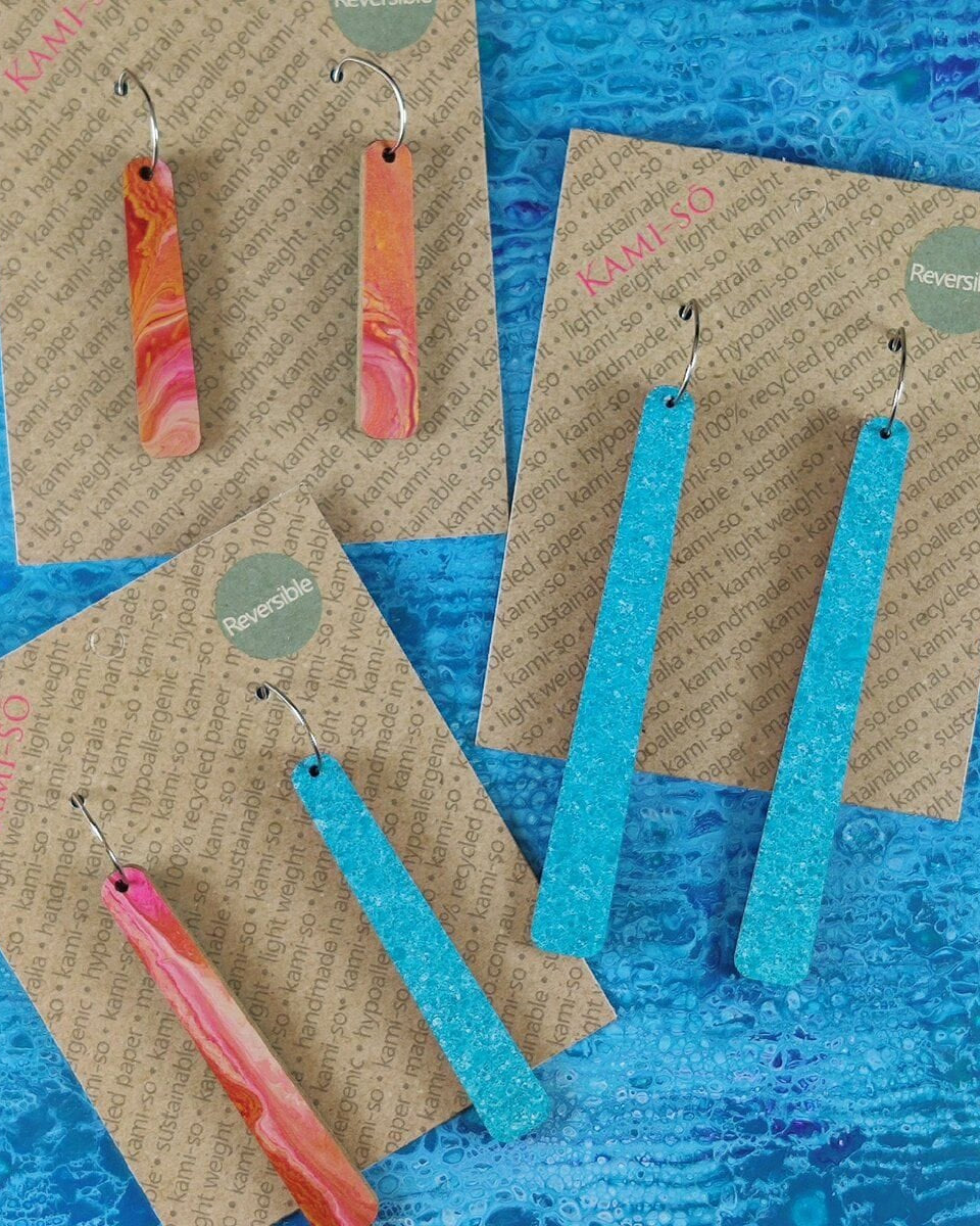Kami-So Reversible Paddle Recycled Paper Earrings DPA230015B Kami-So Reversible Paddle Recycled Paper Earrings Splash Swimwear Red & Gold/Turquoise Speckle 1000018321
