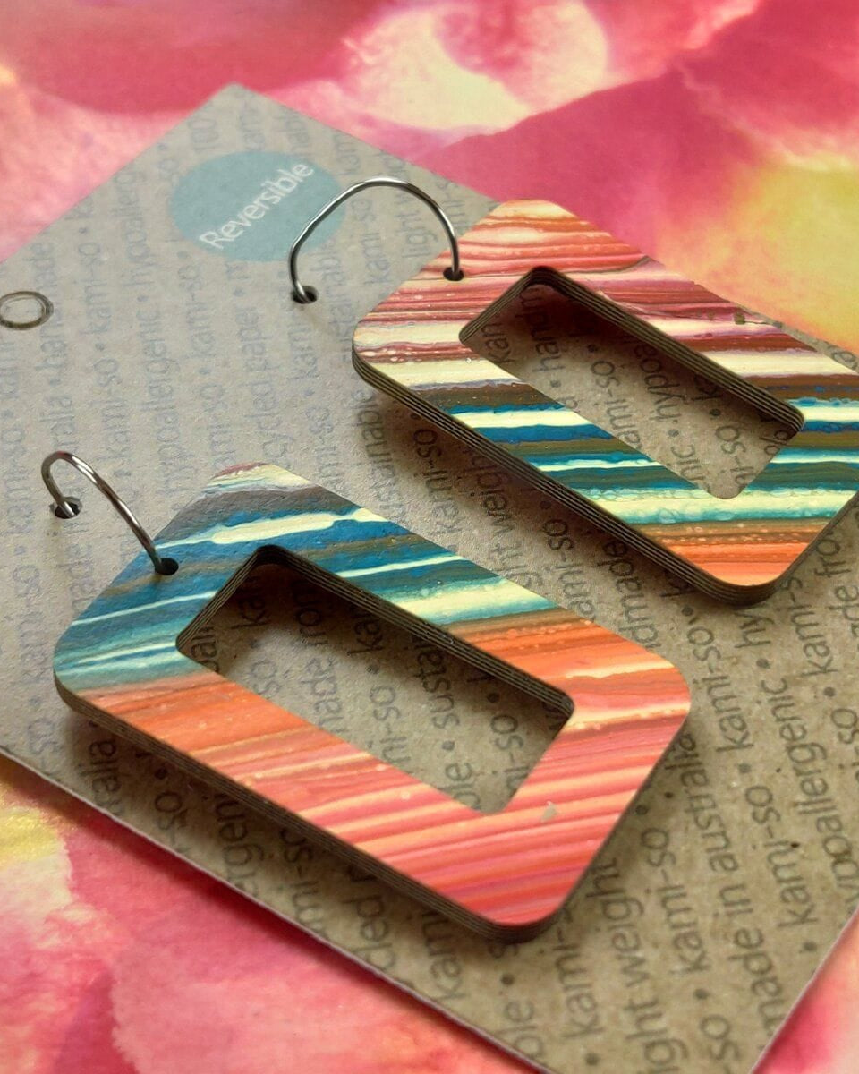 Kami-So Reversible Rectangle Hoop Recycled Paper Earrings Reversible Rectangle Hoop Recycled Paper Earrings Splash Swimwear
