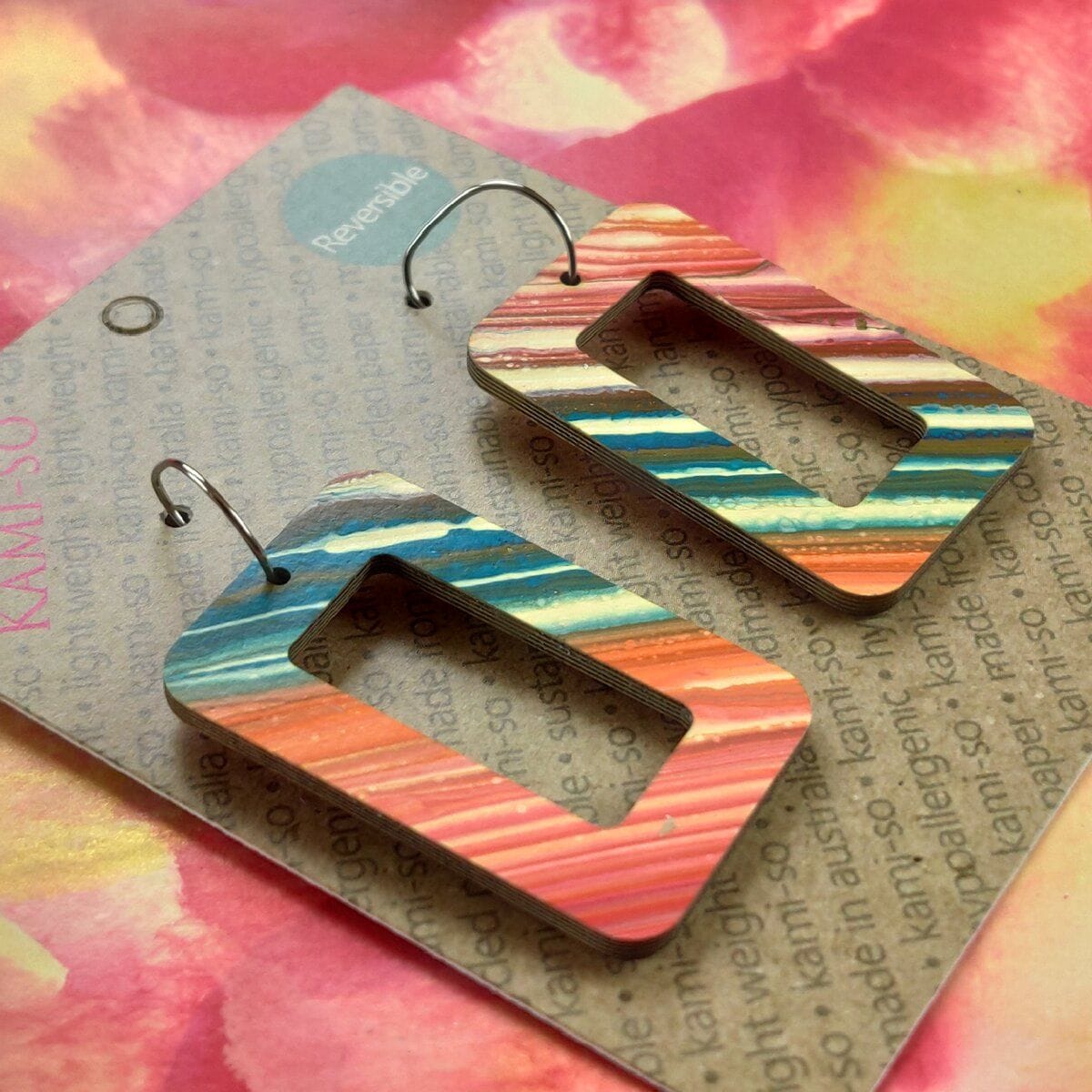 Kami-So Reversible Rectangle Hoop Recycled Paper Earrings Reversible Rectangle Hoop Recycled Paper Earrings Splash Swimwear