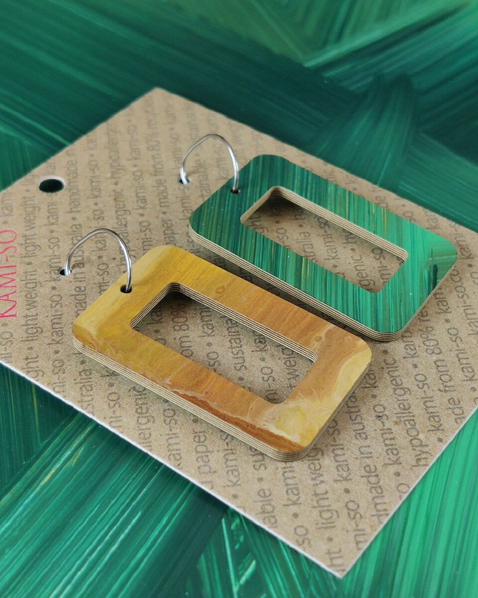 Kami-So Reversible Rectangle Hoop Recycled Paper Earrings Reversible Rectangle Hoop Recycled Paper Earrings Splash Swimwear