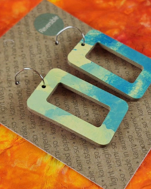 Kami-So Reversible Rectangle Hoop Recycled Paper Earrings Splash Swimwear
