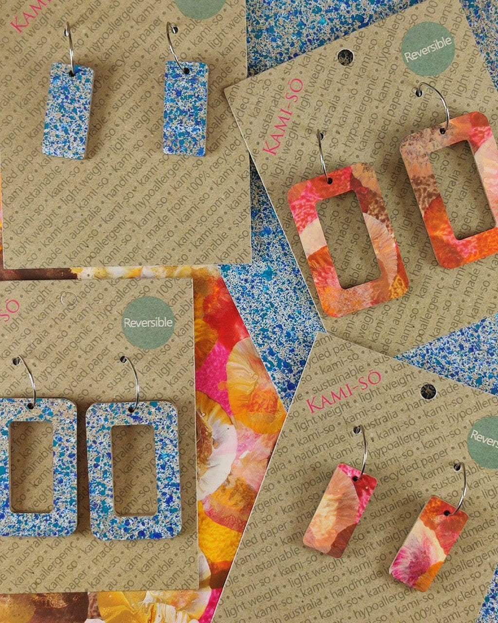 Kami-So Blue Silver Speckle/Pink & Earthy Multicolour Reversible Rectangle Hoop Recycled Paper Earrings