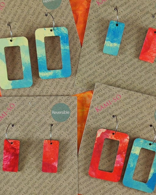 Kami-So Blue & White/Red&White Reversible Rectangle Hoop Recycled Paper Earrings