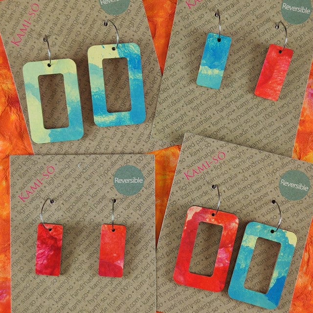 Kami-So Blue & White/Red&White Reversible Rectangle Hoop Recycled Paper Earrings