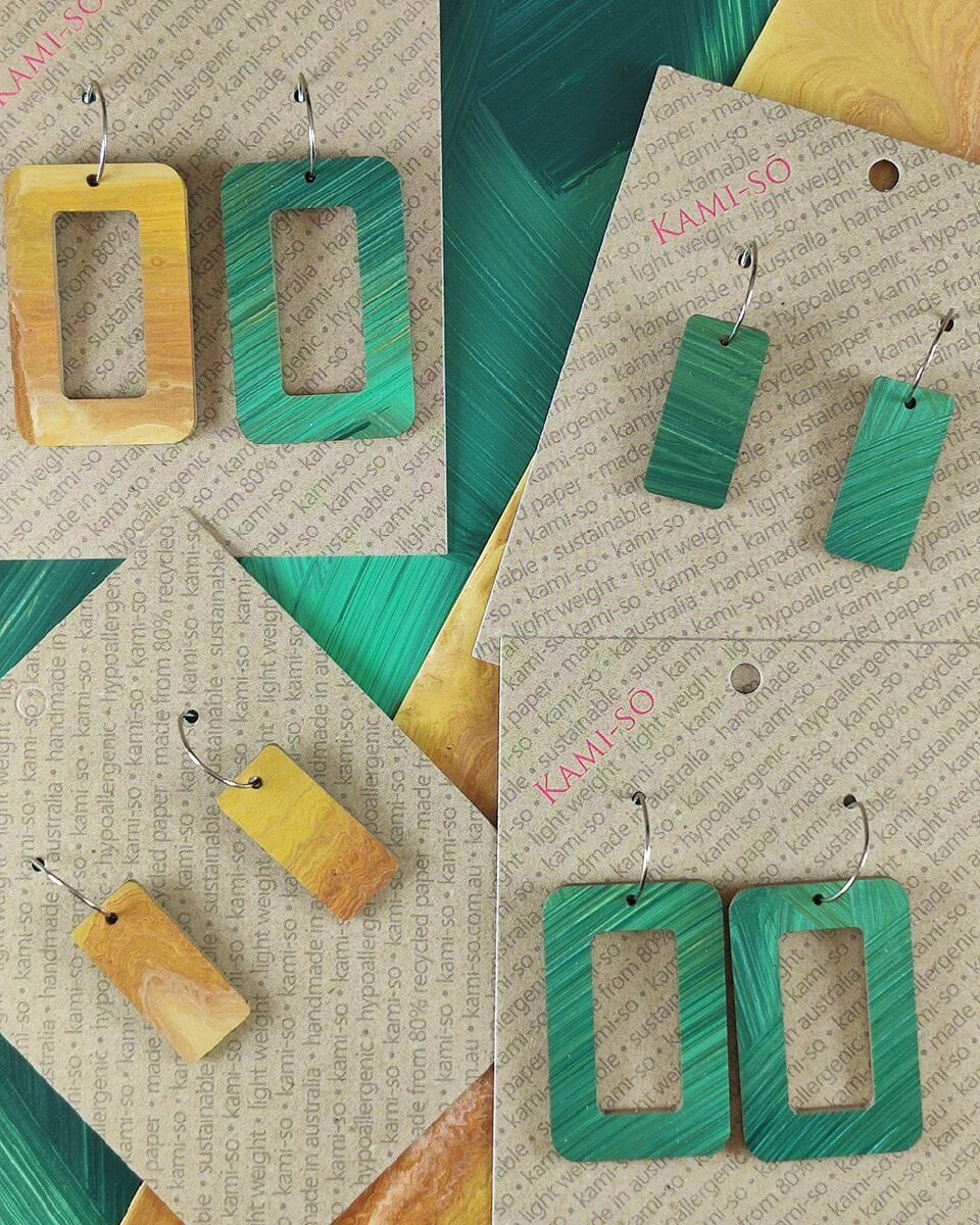 Kami-So Reversible Rectangle Hoop Recycled Paper Earrings 42455831470457 Reversible Rectangle Hoop Recycled Paper Earrings Splash Swimwear Green Swipe/Gold 1000022822