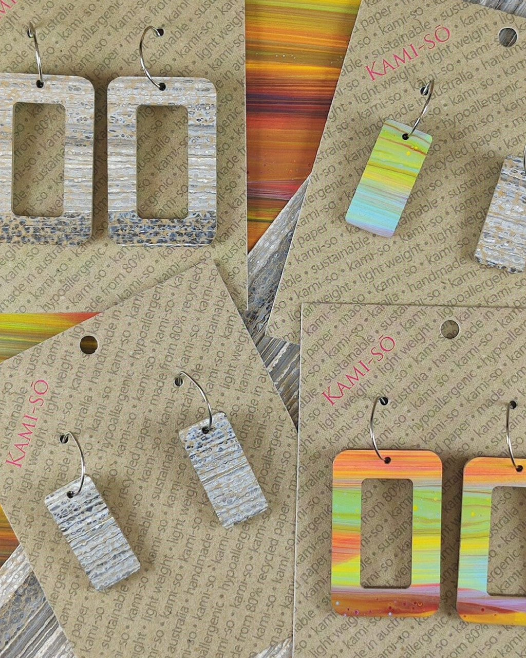 Kami-So Reversible Rectangle Hoop Recycled Paper Earrings Splash Swimwear Multicolour Stripe/Grey & Gold 1000018345