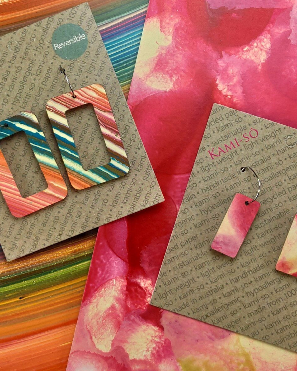 Kami-So Reversible Rectangle Hoop Recycled Paper Earrings 42455831391609 Reversible Rectangle Hoop Recycled Paper Earrings Splash Swimwear Multicolour Swipe/Rose Gold 1000018346