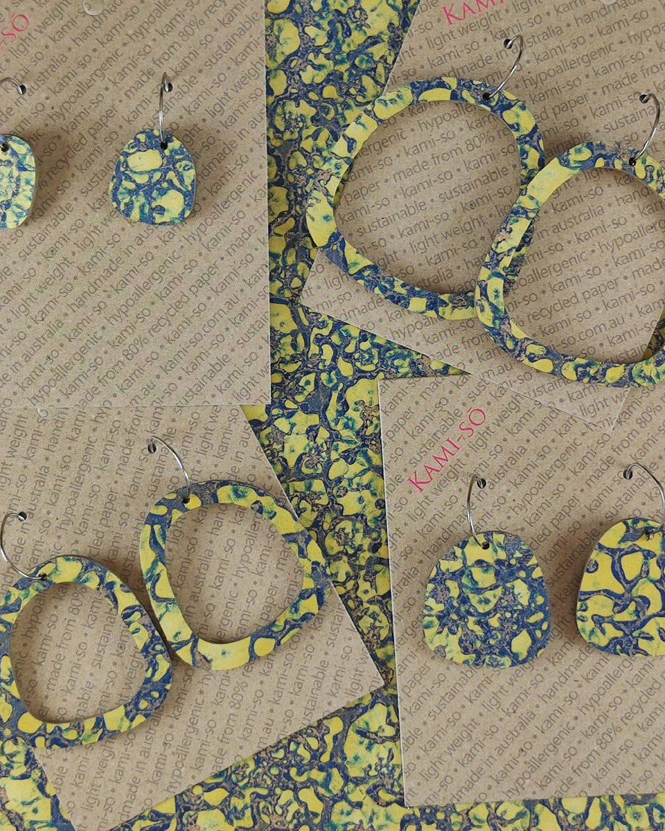 Kami-So Square Recycled Paper Earrings - Large Hoop SSQ210049A Square Recycled Paper Earrings - Large Hoop Splash Swimwear Gold & Blue Crackle 1000020611