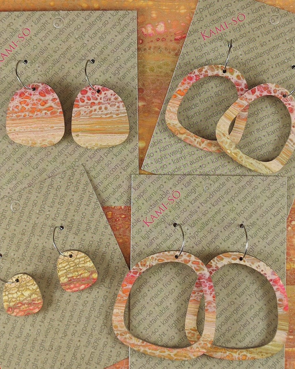 Kami-So Square Recycled Paper Earrings - Large Hoop Splash Swimwear Muted Red Orange & Gold Crackle 1000018381