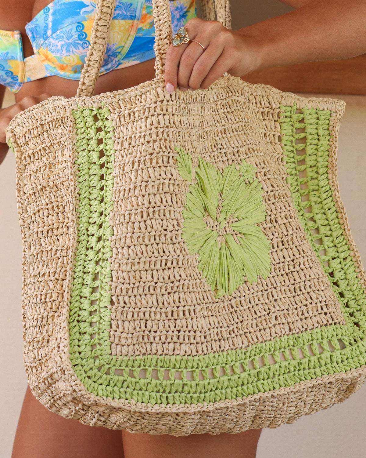 Kulani Kinis Kulani Kinis Hibiscus Straw Tote Bag - Pine Lime 17740-PILI-OS Kulani Kinis Hibiscus Straw Tote Bag - Pine Lime Splash Swimwear Bags O/S 840522542257
