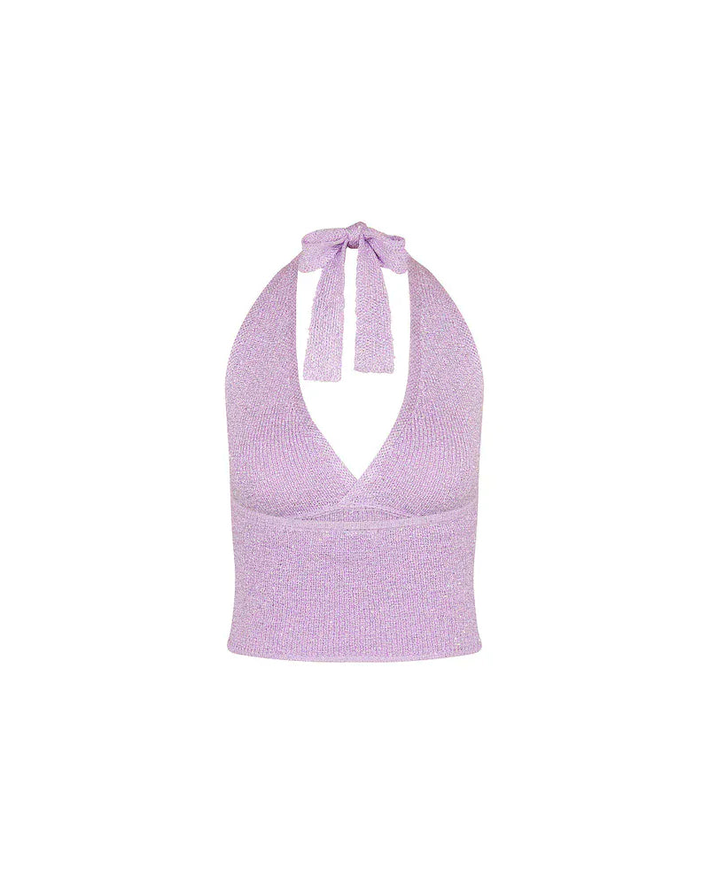 Kulani Kinis Kulani Kinis Lilac Glimmer Retro Tie Halter Knit Top Kulani Kinis Lilac Glimmer Retro Tie Halter Knit Top Splash Swimwear Clothing Top