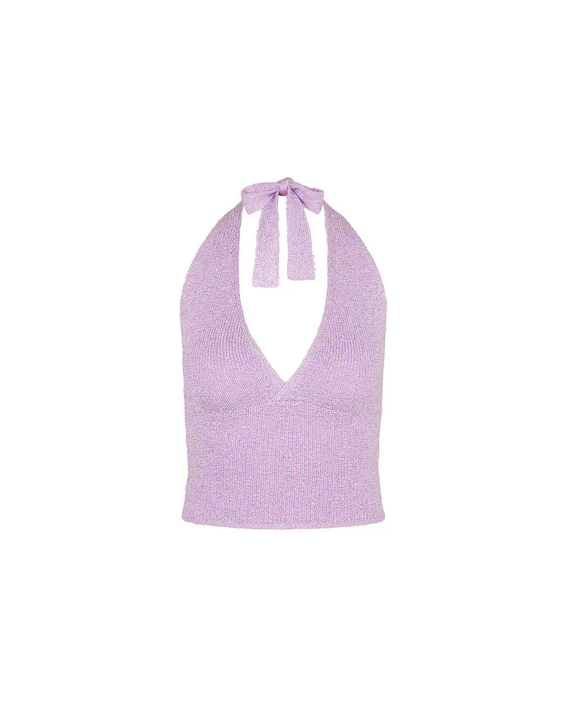Kulani Kinis Kulani Kinis Lilac Glimmer Retro Tie Halter Knit Top Kulani Kinis Lilac Glimmer Retro Tie Halter Knit Top Splash Swimwear Clothing Top