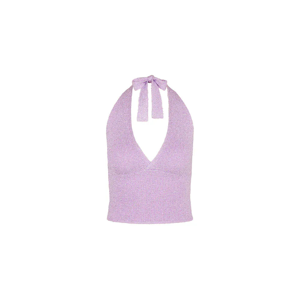 Kulani Kinis Kulani Kinis Lilac Glimmer Retro Tie Halter Knit Top Kulani Kinis Lilac Glimmer Retro Tie Halter Knit Top Splash Swimwear Clothing Top