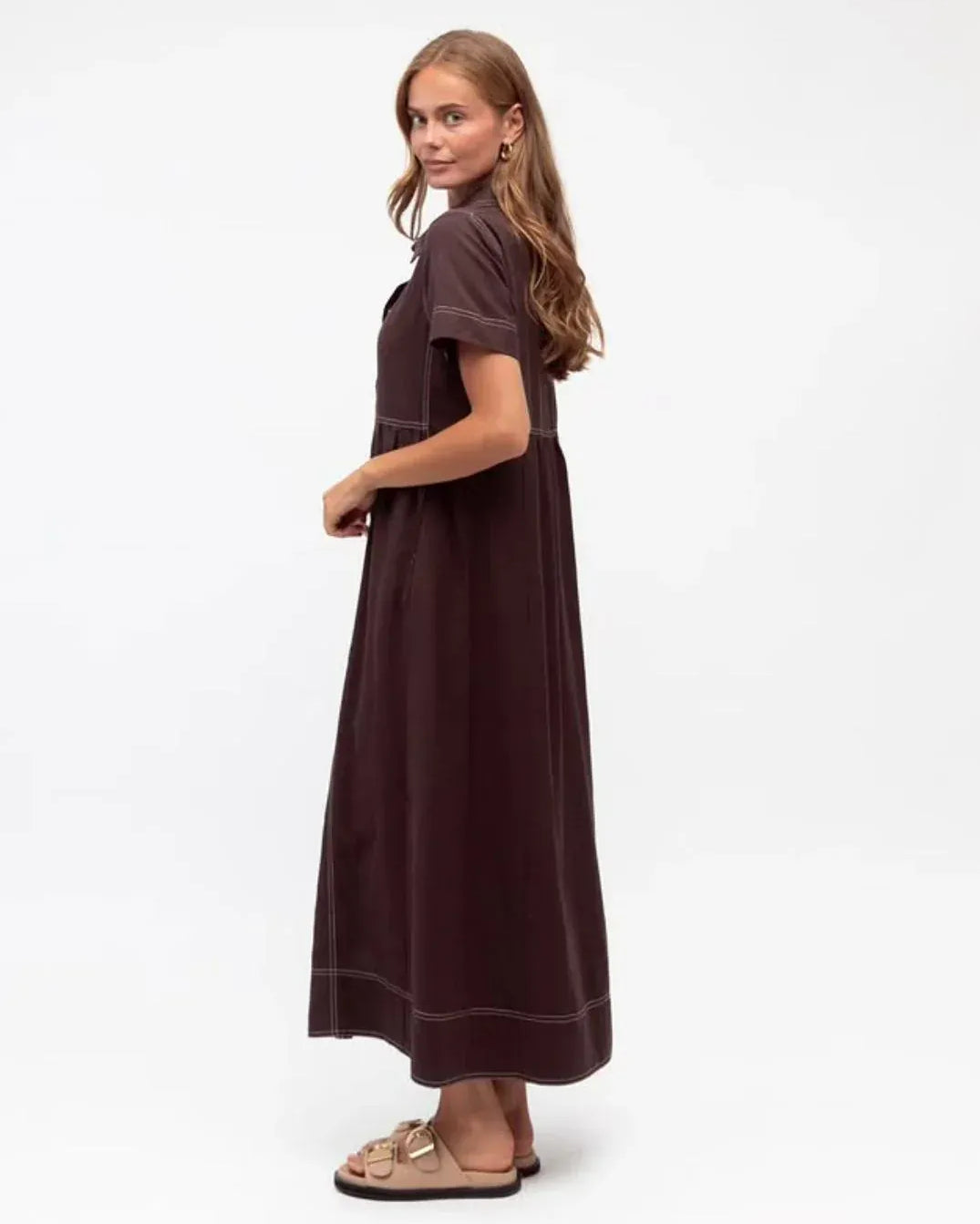 Label of Love Label Of Love Contrast Stitch Midi Dress - Chocolate Label Of Love Contrast Stitch Midi Dress - Chocolate Splash Swimwear Dresses