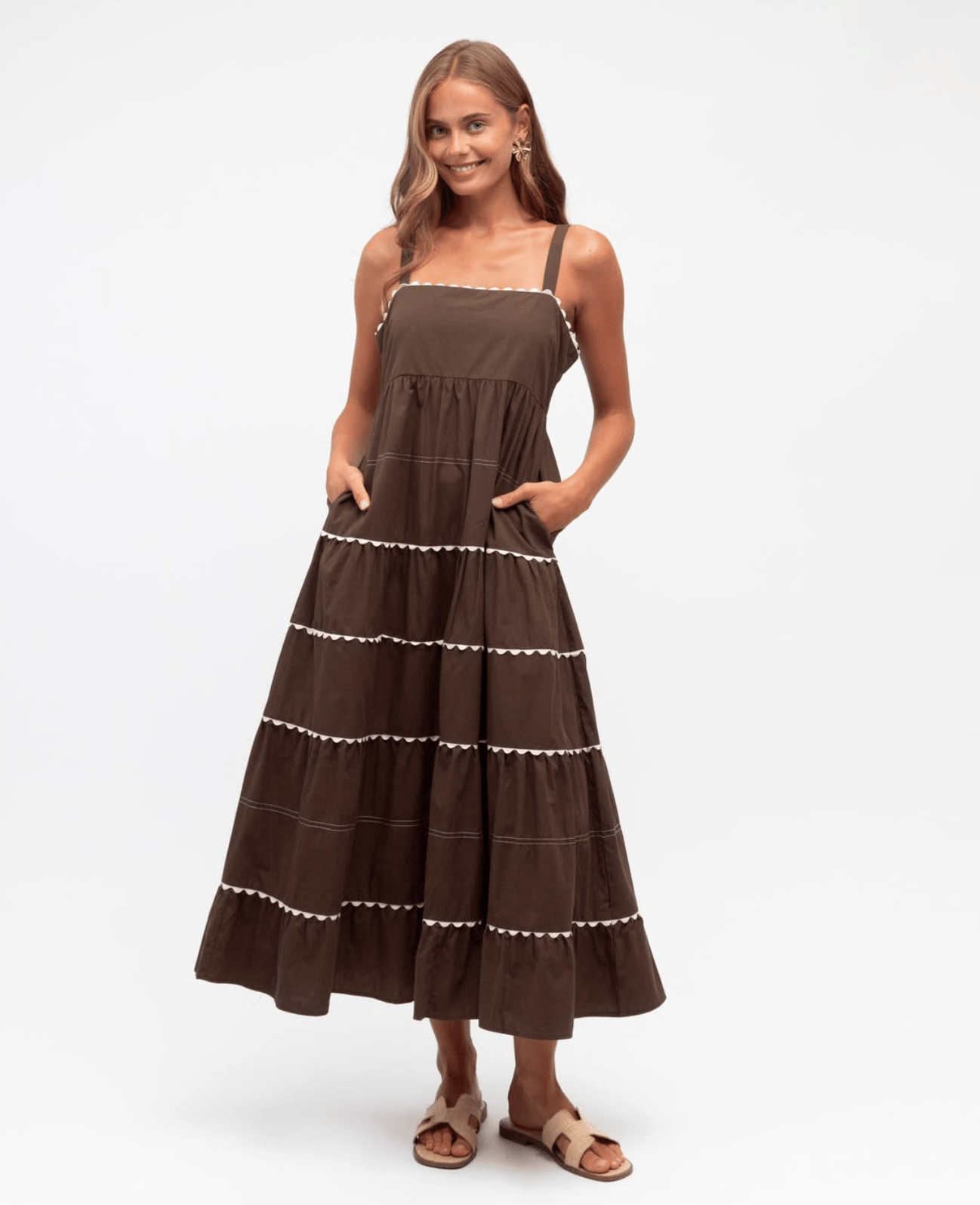 Label of Love Label Of Love Tiered Contrast Trim Maxi - Chocolate Label Of Love Tiered Contrast Trim Maxi - Chocolate Splash Swimwear Dresses