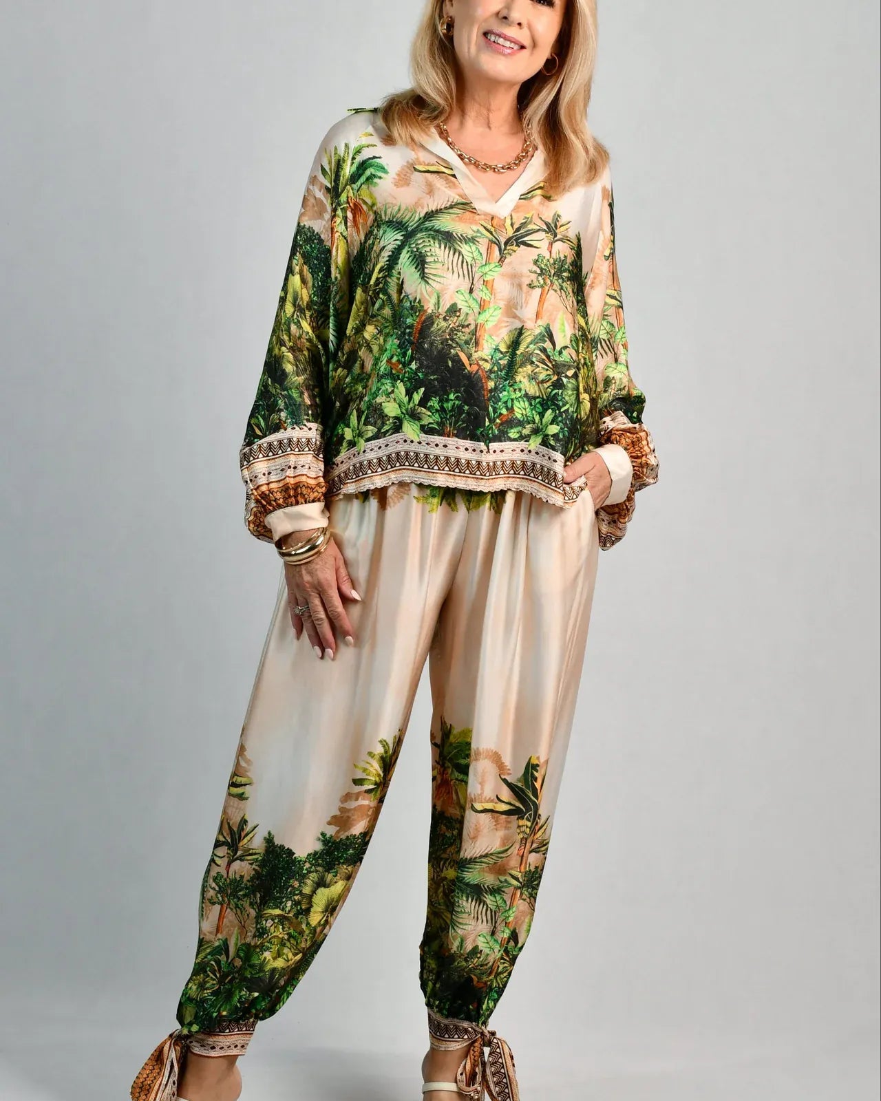 LaSofia La Sofia Lisa Silk Pant W/ Tie - Ivory Rainforest La Sofia Lisa Silk Pant W/ Tie - Ivory Rainforest Splash Swimwear Pants
