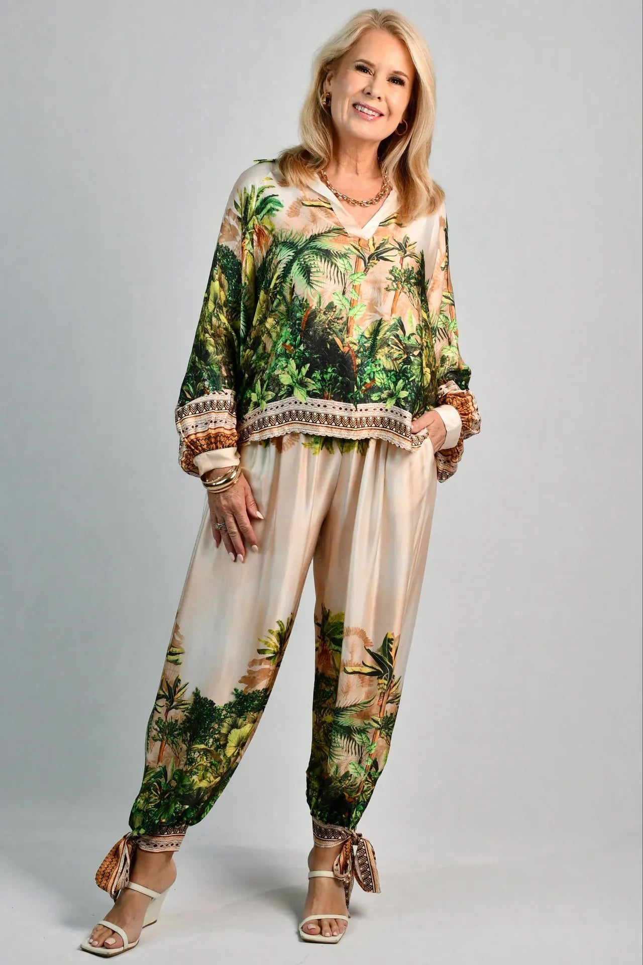 LaSofia La Sofia Lisa Silk Pant W/ Tie - Ivory Rainforest La Sofia Lisa Silk Pant W/ Tie - Ivory Rainforest Splash Swimwear Pants