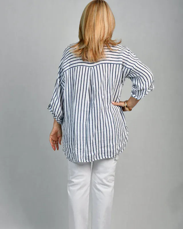 LaSofia La Sofia Serena Button Linen Shirt - Navy Stripe La Sofia Serena Button Linen Shirt - Navy Stripe Splash Swimwear Clothing Top