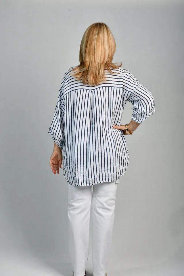 LaSofia La Sofia Serena Button Linen Shirt - Navy Stripe La Sofia Serena Button Linen Shirt - Navy Stripe Splash Swimwear Clothing Top