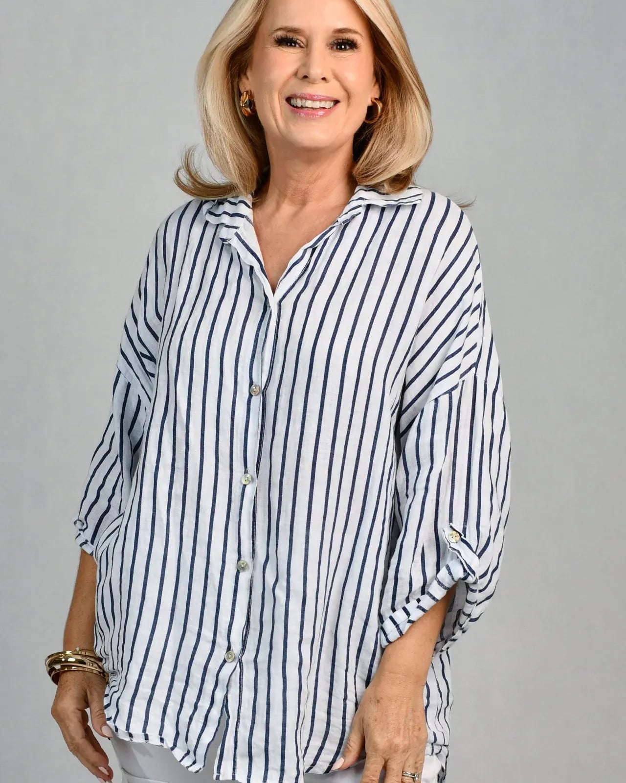 LaSofia La Sofia Serena Button Linen Shirt - Navy Stripe La Sofia Serena Button Linen Shirt - Navy Stripe Splash Swimwear Clothing Top