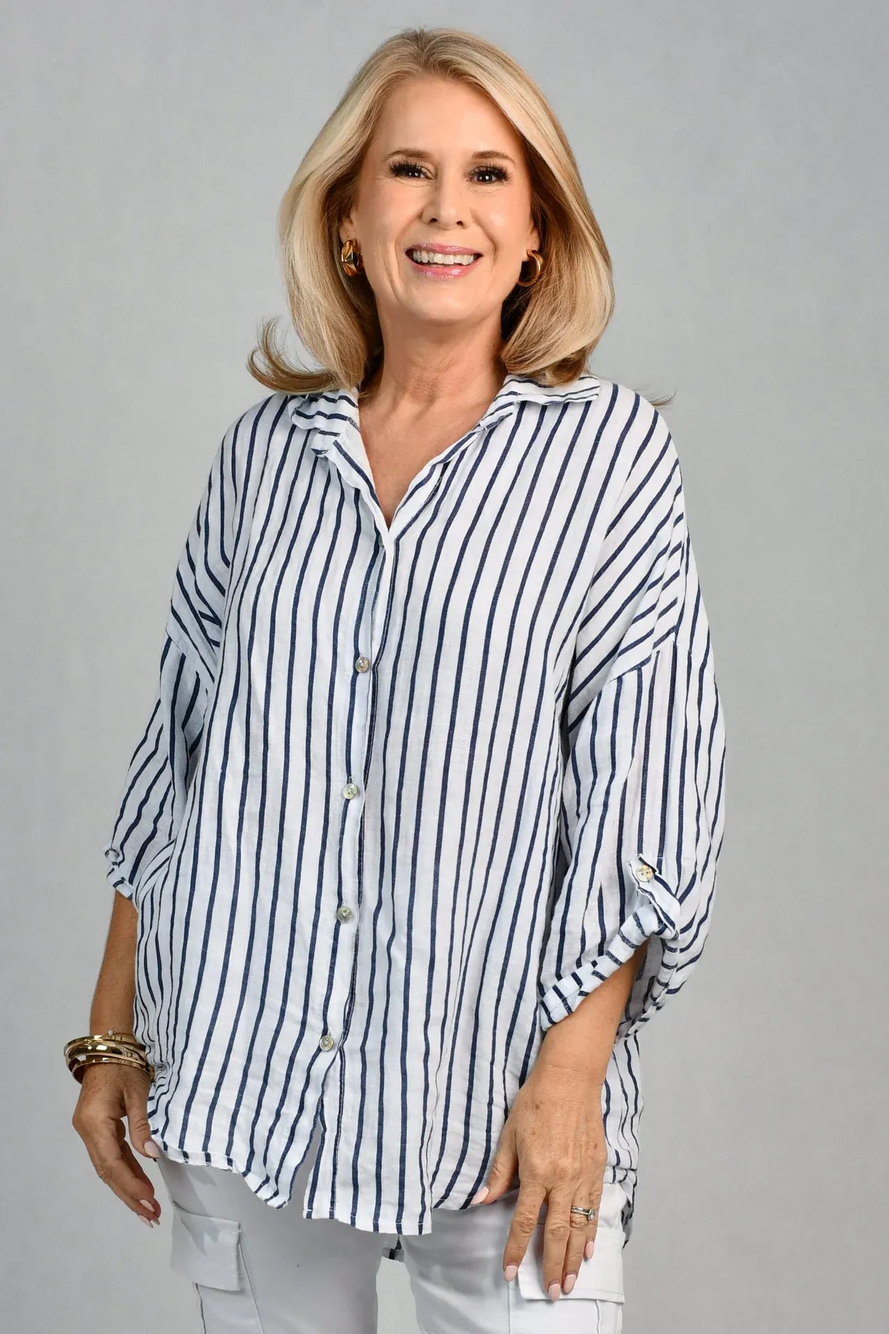 LaSofia La Sofia Serena Button Linen Shirt - Navy Stripe La Sofia Serena Button Linen Shirt - Navy Stripe Splash Swimwear Clothing Top