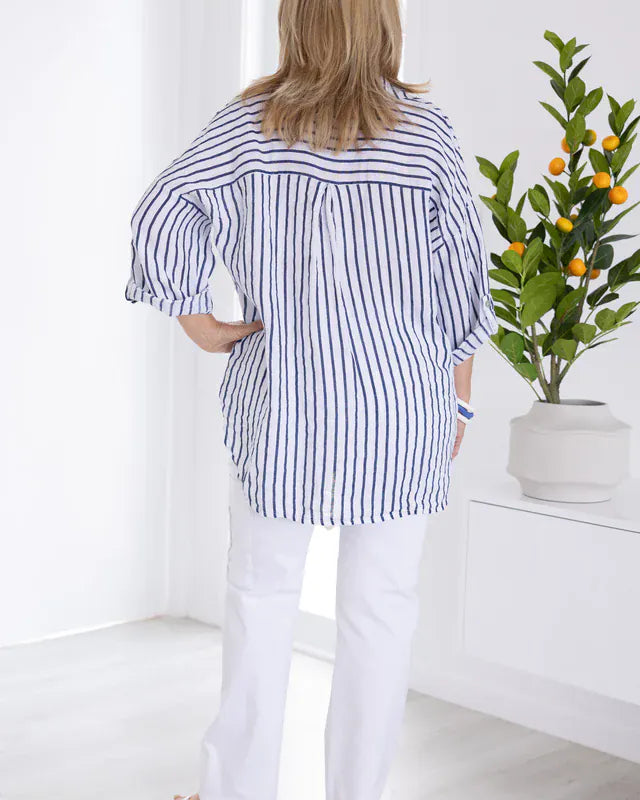 LaSofia La Sofia Serena Button Linen Shirt - Navy Stripe La Sofia Serena Button Linen Shirt - Navy Stripe Splash Swimwear Clothing Top