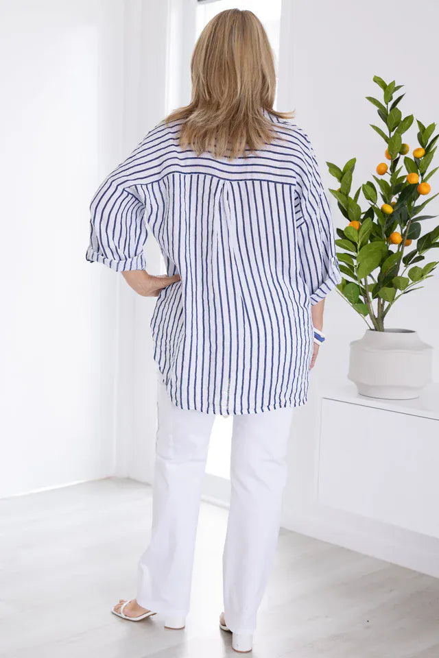 LaSofia La Sofia Serena Button Linen Shirt - Navy Stripe La Sofia Serena Button Linen Shirt - Navy Stripe Splash Swimwear Clothing Top
