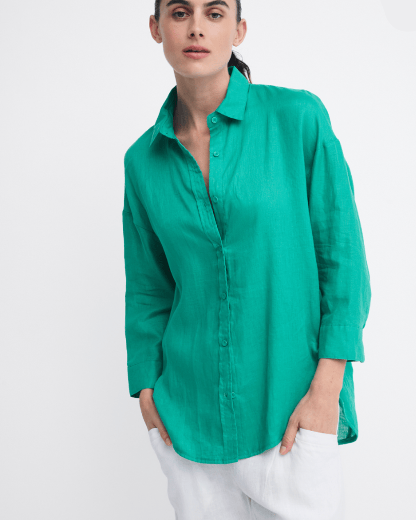 Little Lies Little Lies Linen Boyfriend Shirt - Green Little Lies Linen Boyfriend Shirt Splash Swimwear Shirts