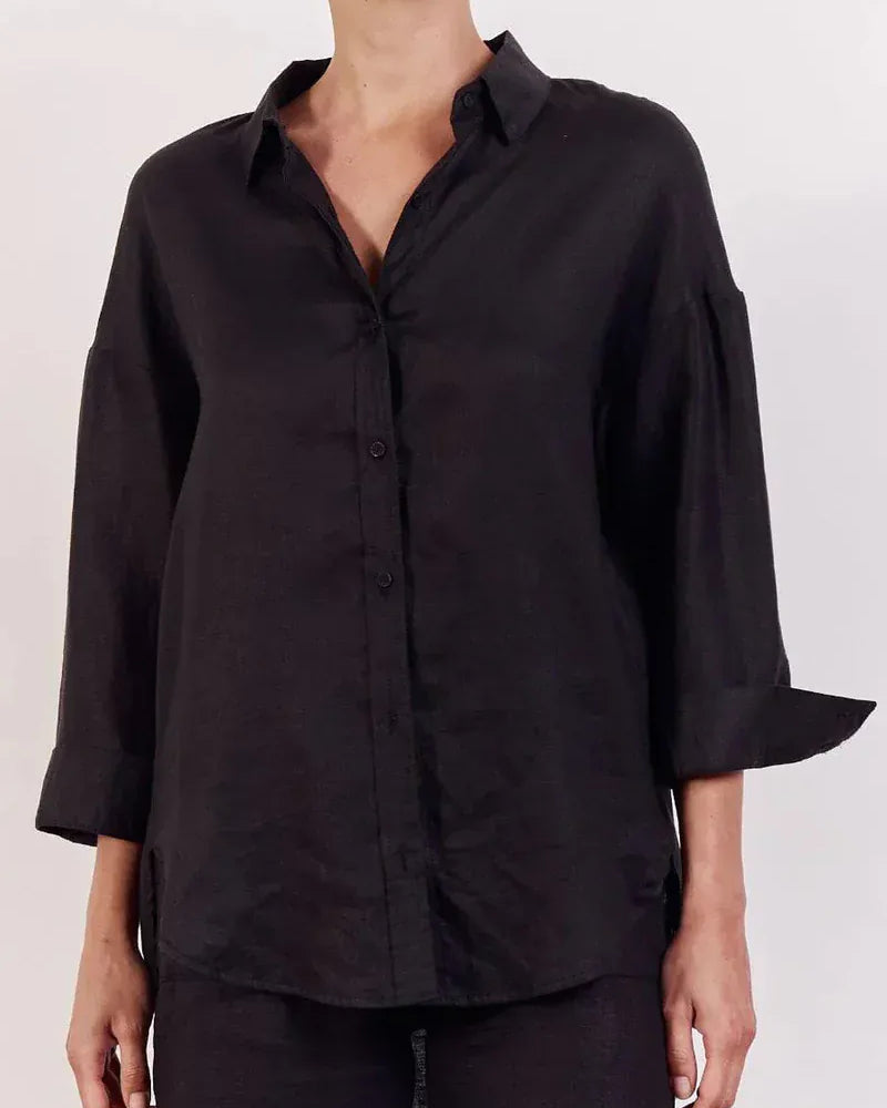Little Lies Little Lies Linen Boyfriend Shirt R19121611 Little Lies Linen Boyfriend Shirt Splash Swimwear Shirts Black / S 1000029921