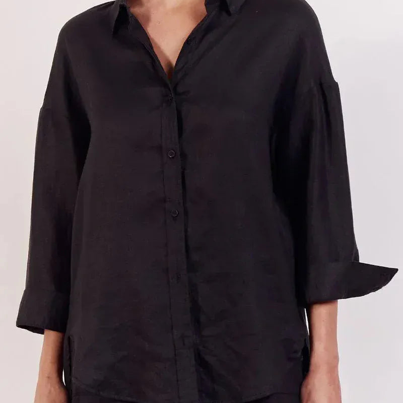 Little Lies Little Lies Linen Boyfriend Shirt R19121611 Little Lies Linen Boyfriend Shirt Splash Swimwear Shirts Black / S 1000029921
