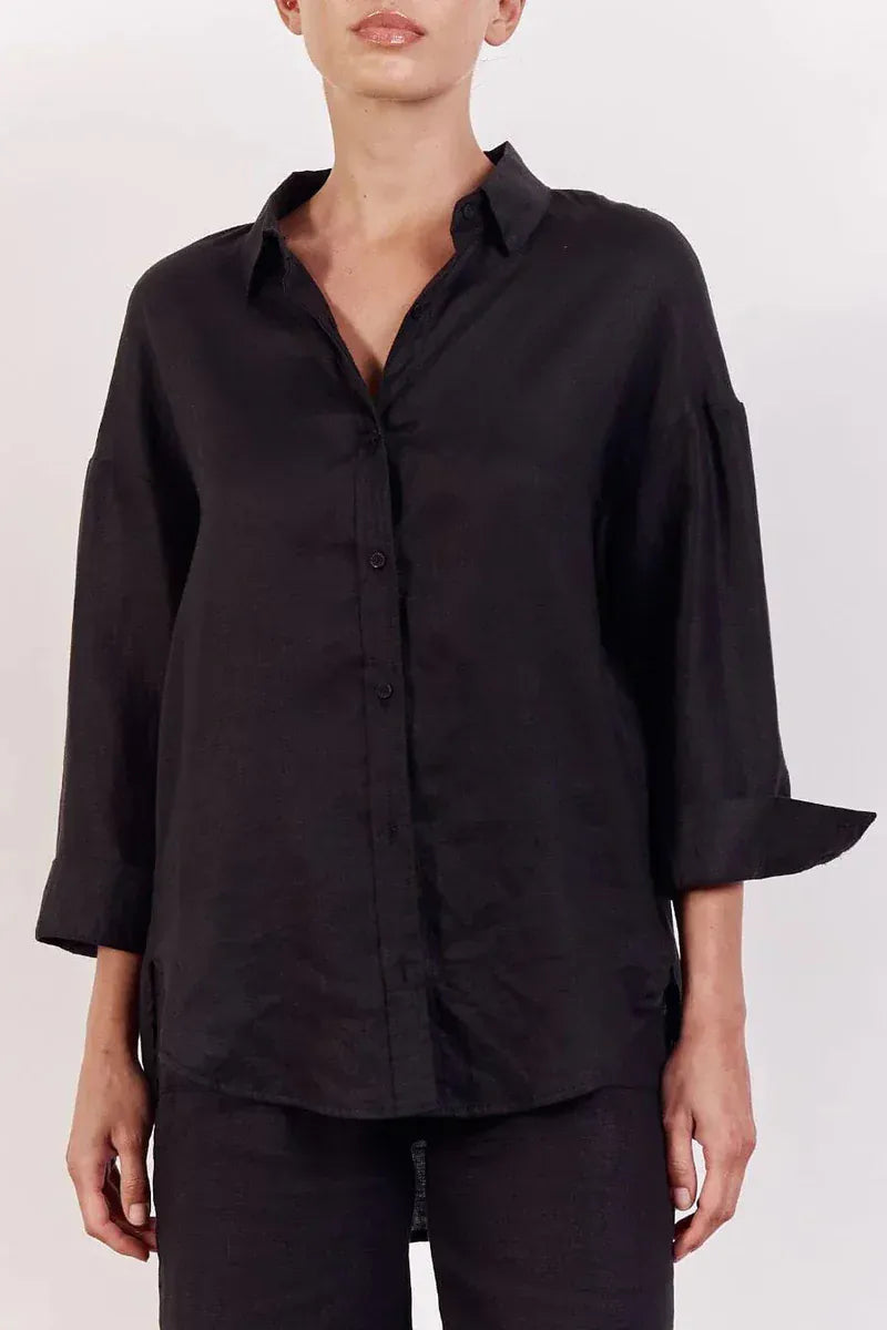 Little Lies Little Lies Linen Boyfriend Shirt R19121611 Little Lies Linen Boyfriend Shirt Splash Swimwear Shirts Black / S 1000029921