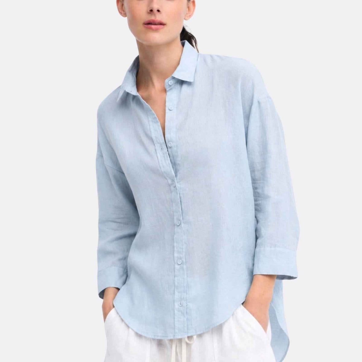 Little Lies Little Lies Linen Boyfriend Shirt R19121611 Little Lies Linen Boyfriend Shirt Splash Swimwear Shirts Chambray / S 1000033132