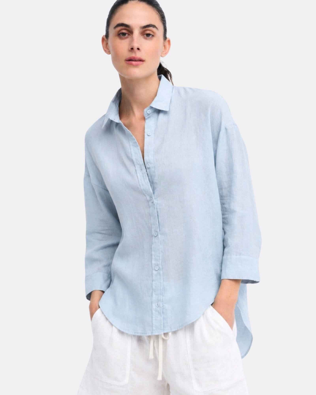 Little Lies Little Lies Linen Boyfriend Shirt R19121611 Little Lies Linen Boyfriend Shirt Splash Swimwear Shirts Chambray / S 1000033132