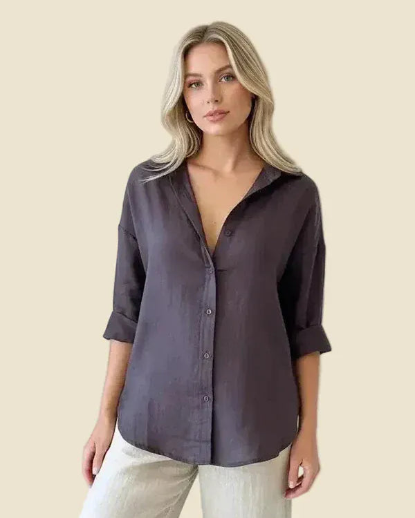 Little Lies Little Lies Linen Boyfriend Shirt R19121611 Little Lies Linen Boyfriend Shirt Splash Swimwear Shirts Dark Cherry / S 1000029924