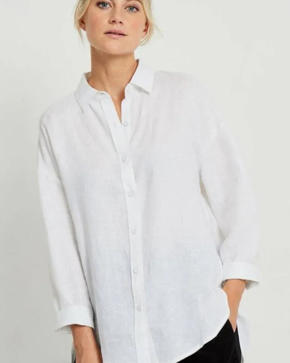 Little Lies Little Lies Linen Boyfriend Shirt R19121611 Little Lies Linen Boyfriend Shirt Splash Swimwear Shirts White / S 1000028858