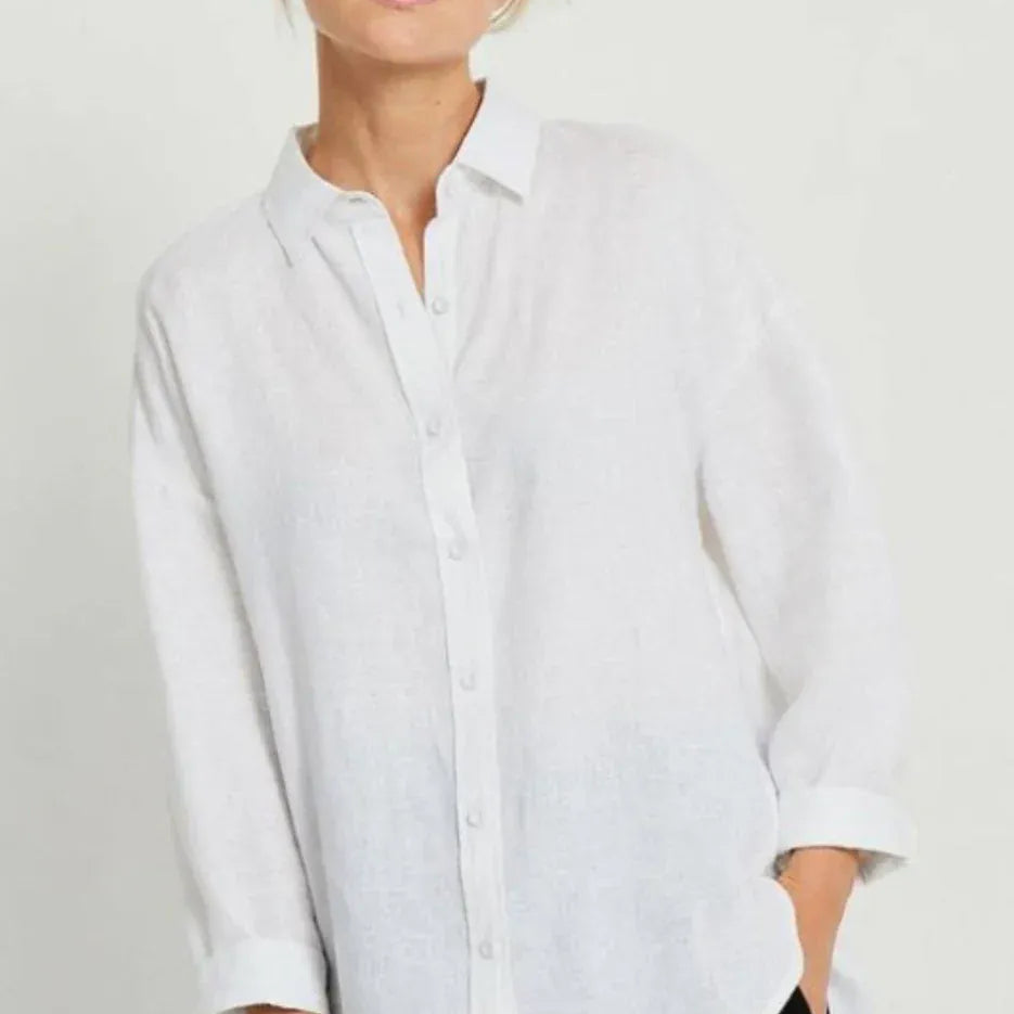 Little Lies Little Lies Linen Boyfriend Shirt R19121611 Little Lies Linen Boyfriend Shirt Splash Swimwear Shirts White / S 1000028858