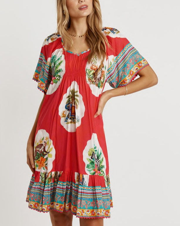 Lulalife Lulalife Cyra Shirred Dress - Melon Lulalife Cyra Shirred Dress - Melon Splash Swimwear Clothing