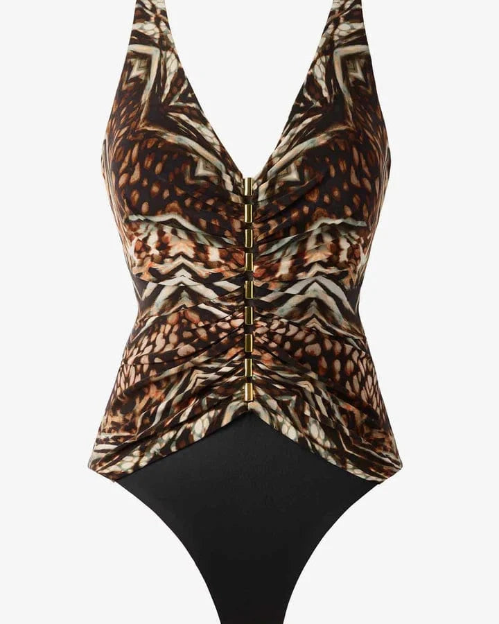 Miracle Suit Tribal Tigress Charmer V Neck Tummy Control Swimsuit - Black Multi 6552269 Tribal Tigress Charmer V Neck Tummy Control Swimsuit - Black Multi Splash Swimwear One Pieces 16