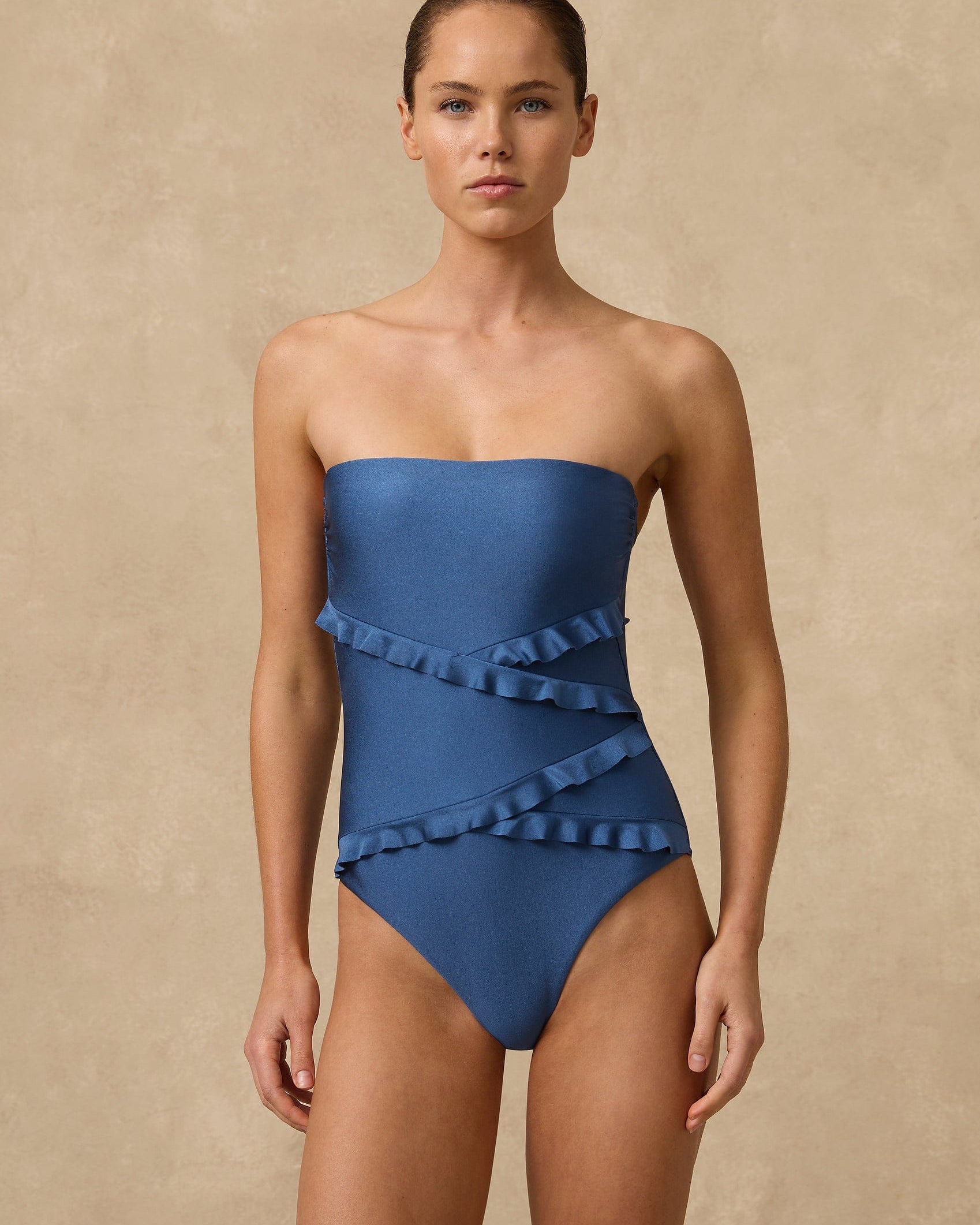 Monte & Lou Monte & Lou Lustre Spliced Frill Bandeau One Piece - Lustre Denim Lustre Spliced Frill Bandeau One Piece | Monte & Lou Splash Swimwear One Pieces