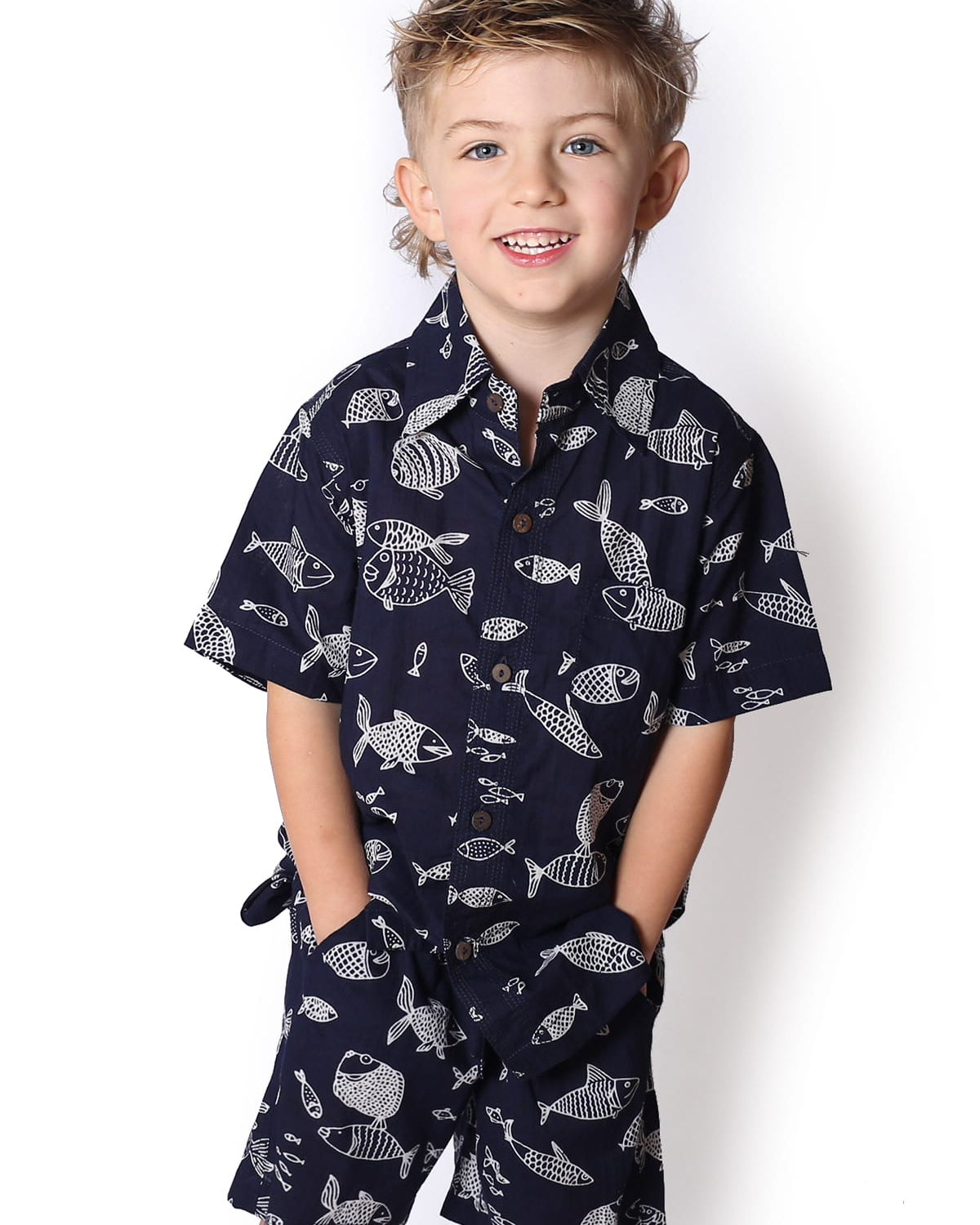 OM Designs Boys Cotton Shorts - Navy Fish Boys Cotton Shorts - Navy Fish Splash Swimwear Kids