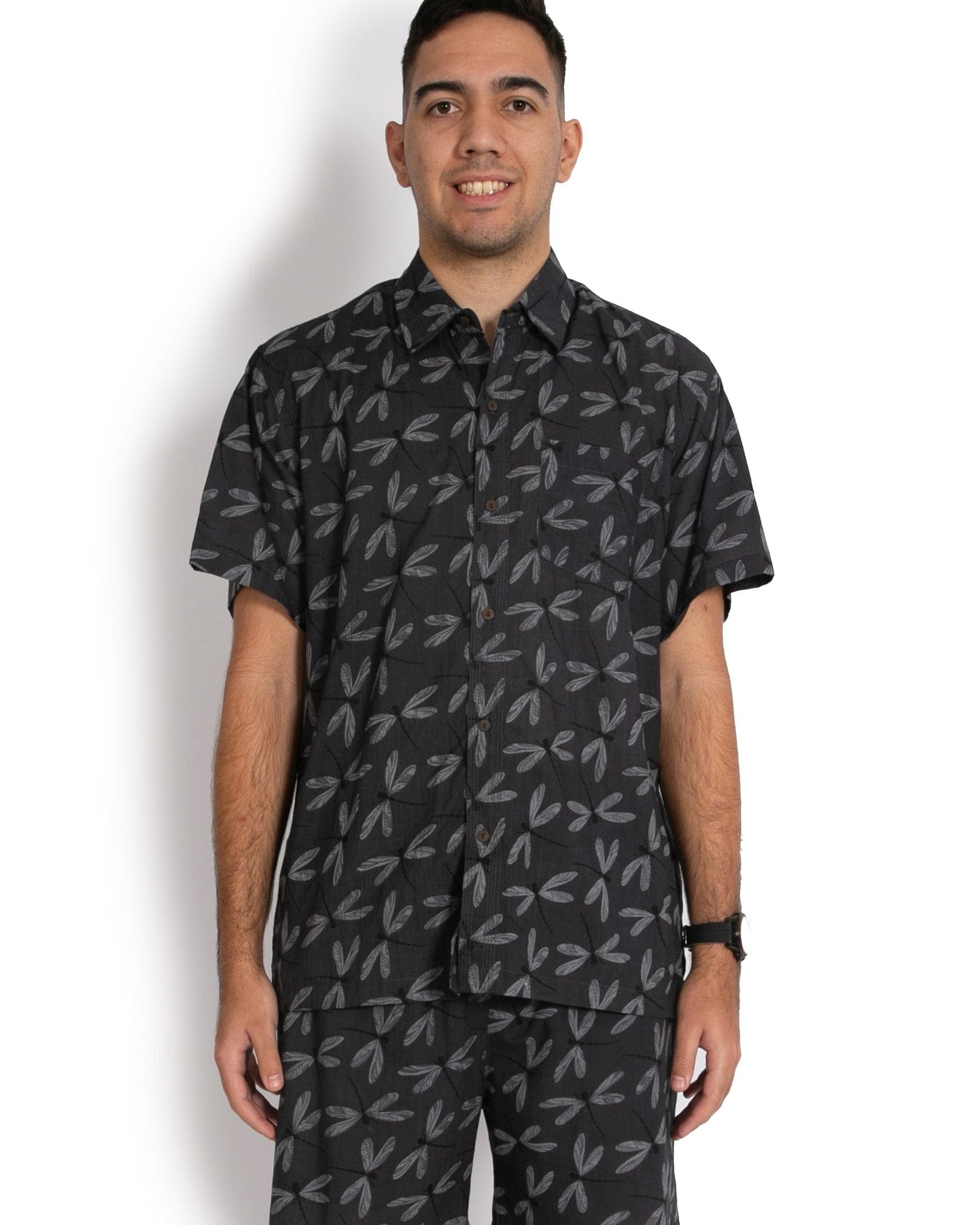 OM Designs Men's Cotton Shirt - Dragonfly Grey Splash Swimwear Mens