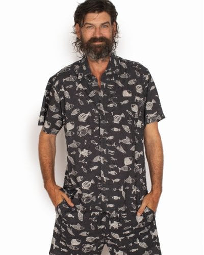 OM Designs Mens Shirt Men's Cotton Shirt - Grey Fish